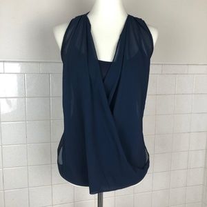 Iz Byer Faux Wrap Sheer over Opaque Draping Blouse Blue Small